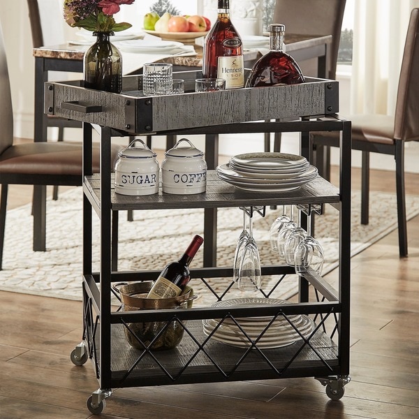 Myra II Rustic Mobile Serving Cart with Wine Inserts and Removable Tray ...