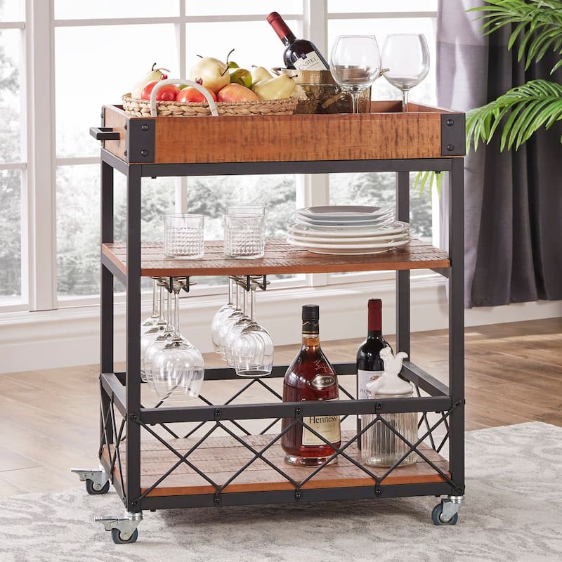Myra Rustic Serving Cart with Wine Inserts and Removable Tray Top by iNSPIRE Q Classic