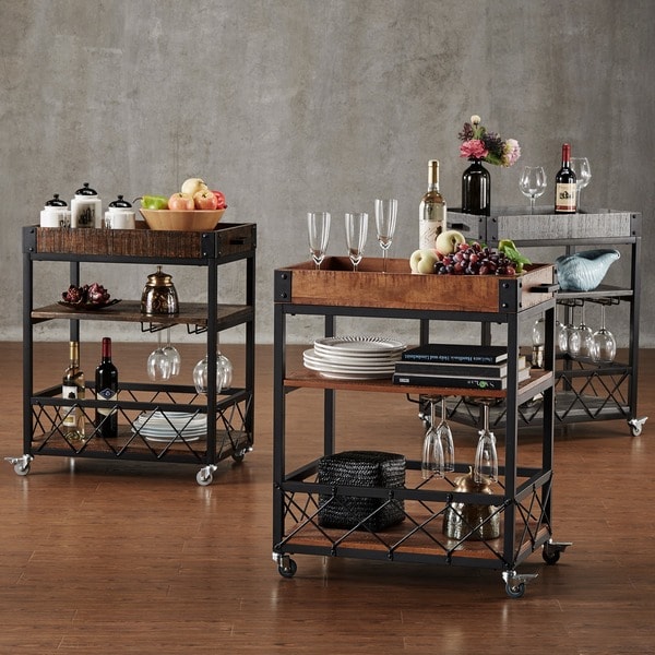 TRIBECCA HOME Myra Rustic Mobile Kitchen Bar Serving Wine Cart