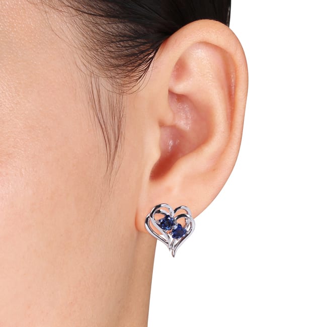 Miadora Sterling Silver Created Blue Sapphire and Diamond Heart Earrings (H-I, I2-I3)