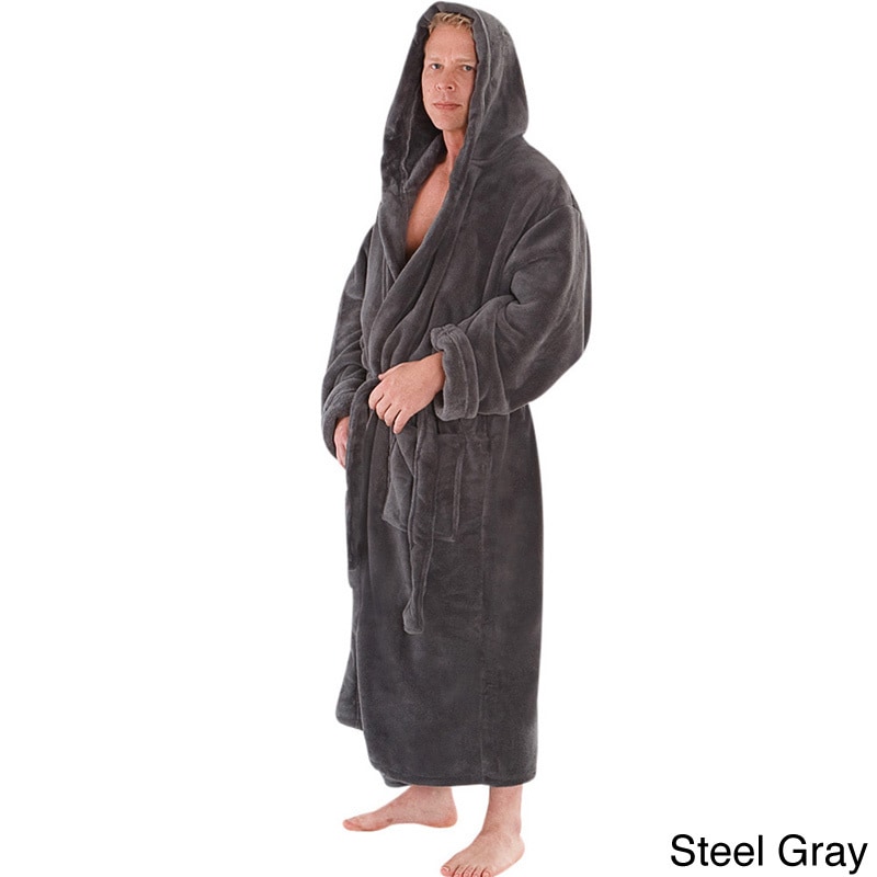 Alexander Del Rossa Del Rossa Mens Soft Hooded Fleece Bath Robe Grey Size XL