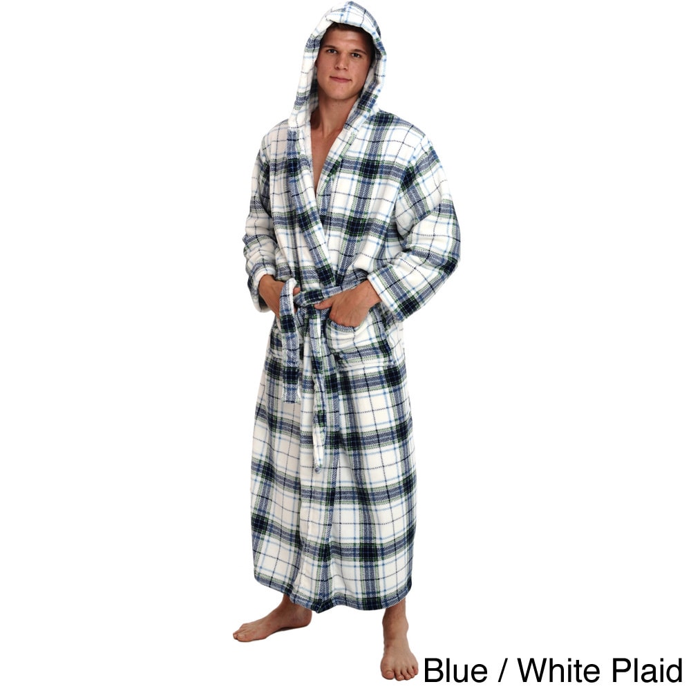 Alexander Del Rossa Del Rossa Mens Full Length Hooded Fleece Bath Robe Blue Size XL