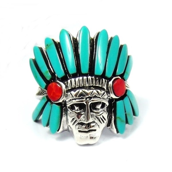 Native American Indian Turquoise and Coral .925 Silver Ring (Thailand