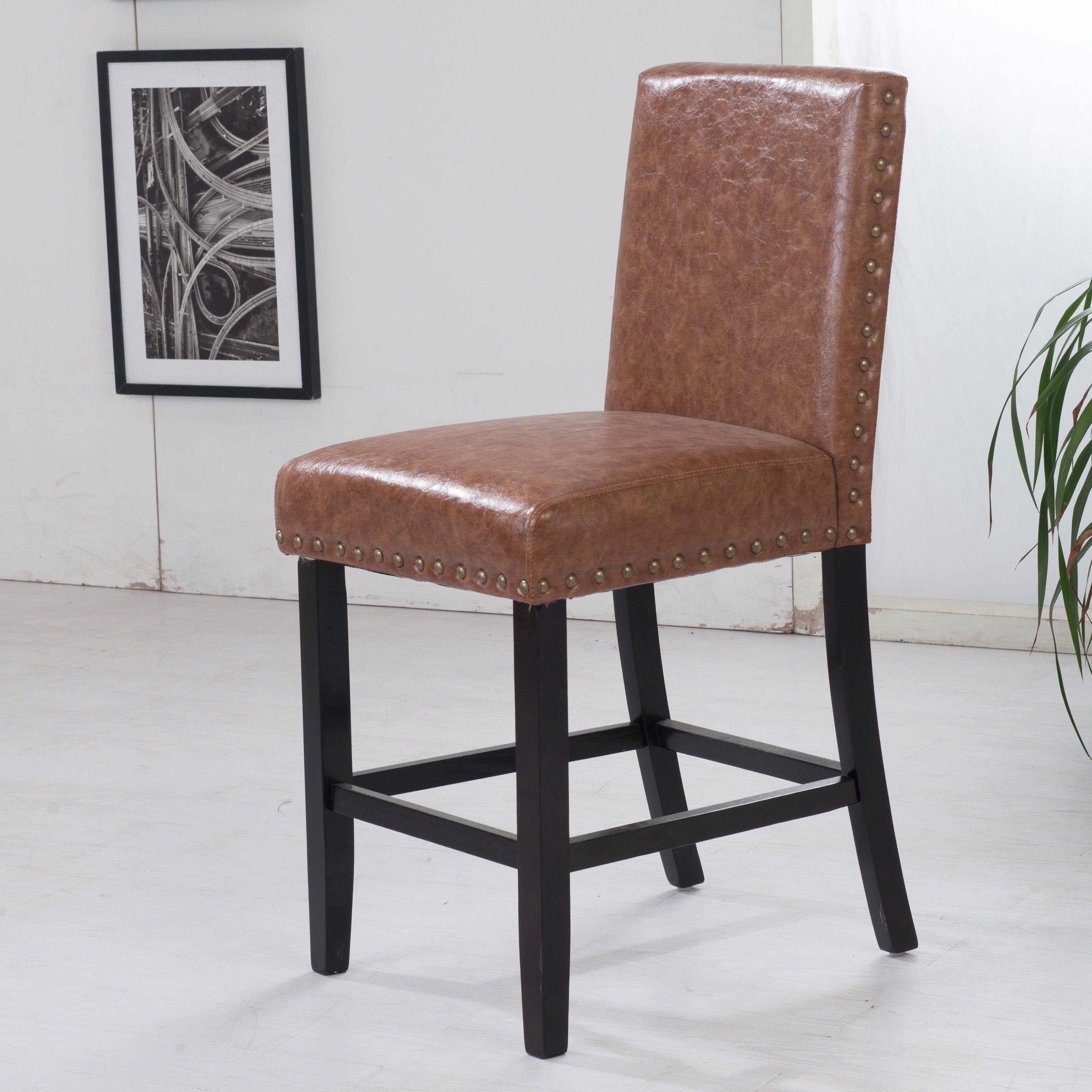 Luxury Cappuccino Faux Leather Barstool With Nail Head