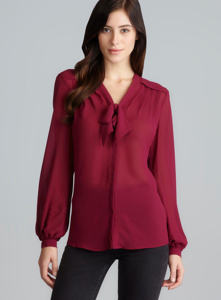 Max Studio Long Sleeve Pleated Front Tie Neck Georgette Blouse - Free