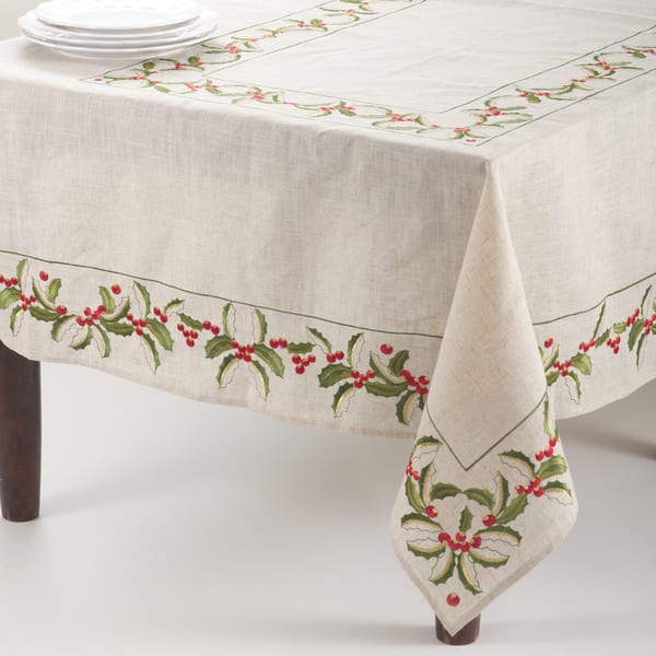 slide 1 of 3, Embroidered Holly Design Holiday Linen Blend Table Runners 34"x34" -Topper
