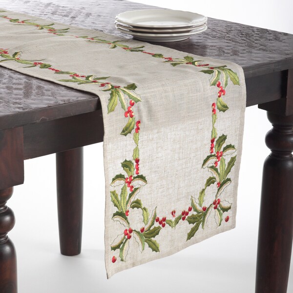 Shop Embroidered Holly Design Holiday Linen Blend Table Runners - On ...