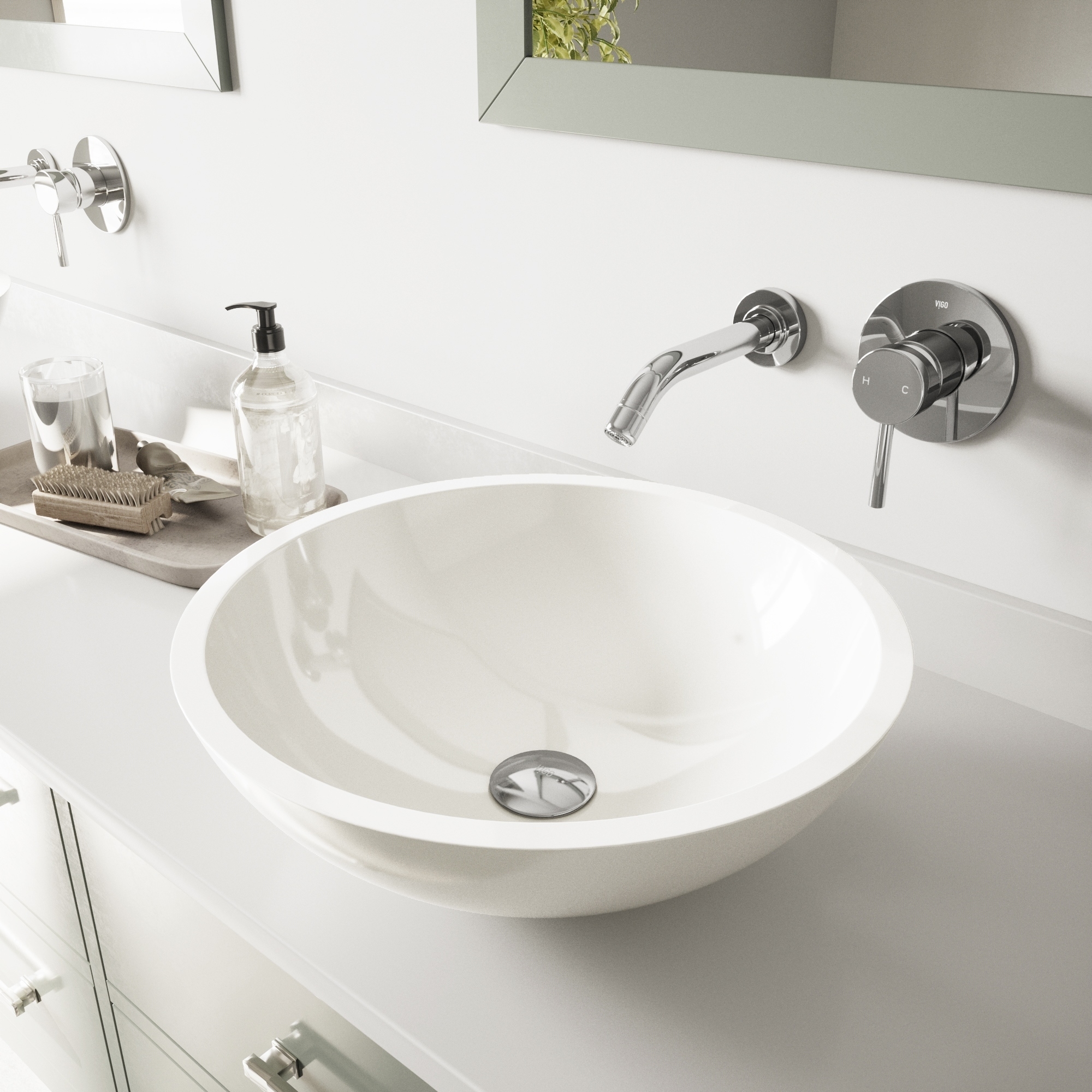 Vigo Flat Edged White Phoenix Stone Glass Vessel Sink With Chrome Wall Mount Faucet