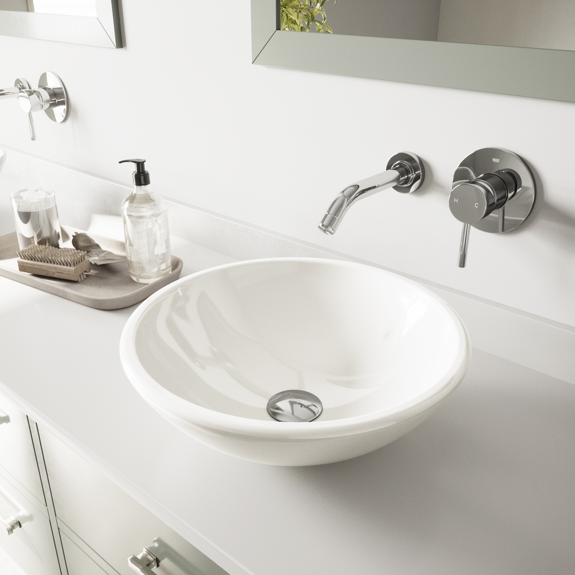 Vigo White Phoenix Stone Glass Vessel Sink With Chrome Wall Mount Faucet