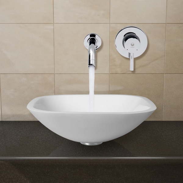 Square Shaped White Phoenix Stone Glass Vessel Sink with Chrome Wall ...