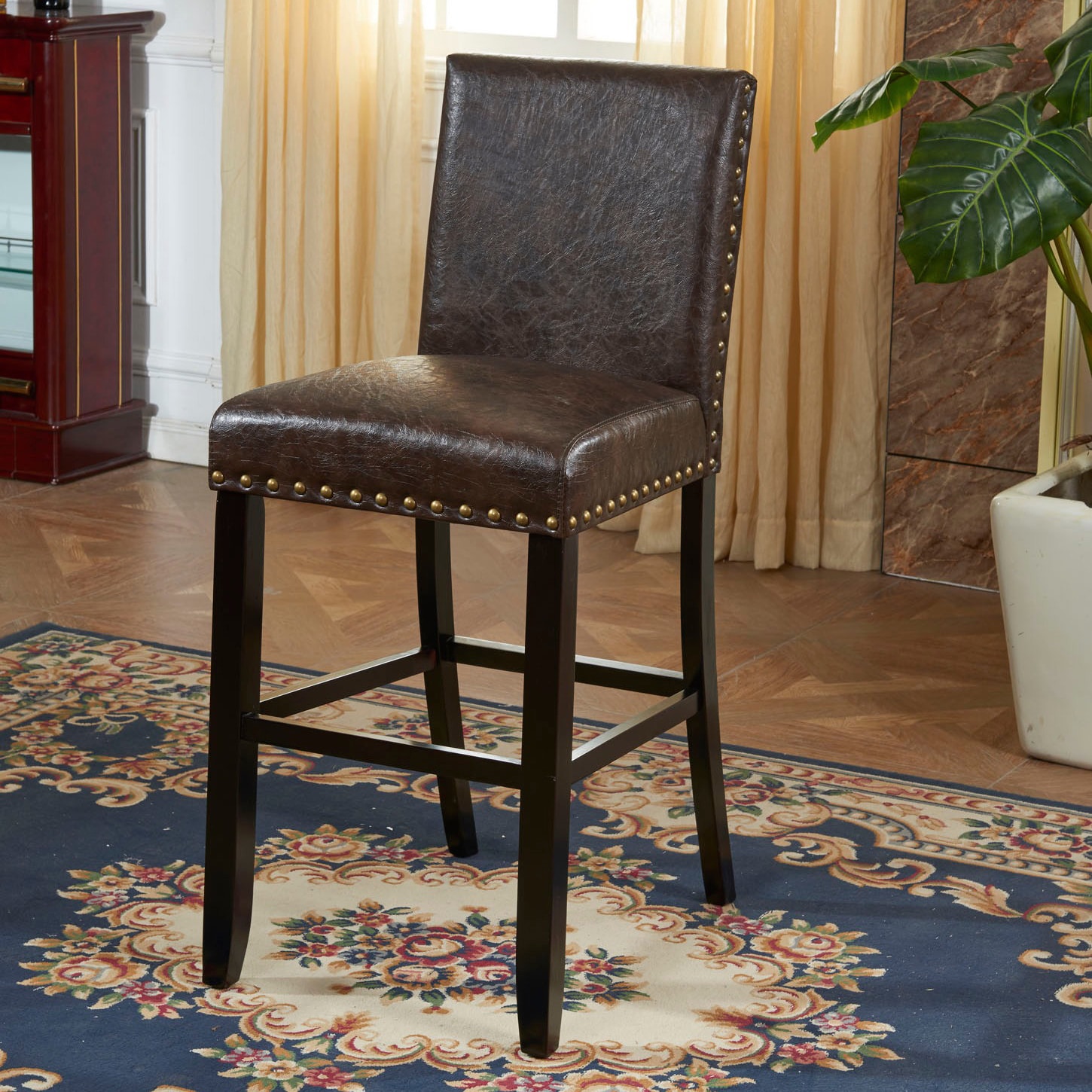 Espresso Faux Leather Barstool With Nail Head