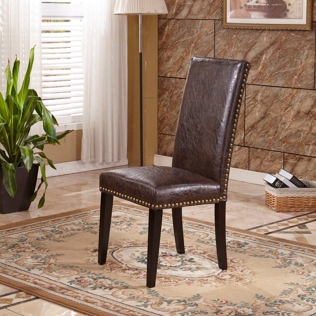 Espresso Waxed Texture Faux Leather Parson Chairs with Nail Head (Set of 2)