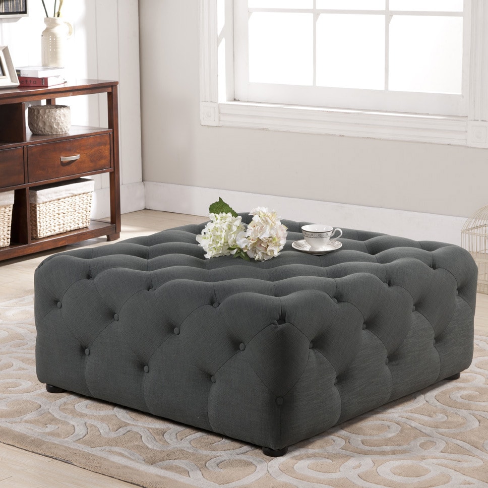 Baxton Studio Teague Gray Linen Modern Tufted Ottoman