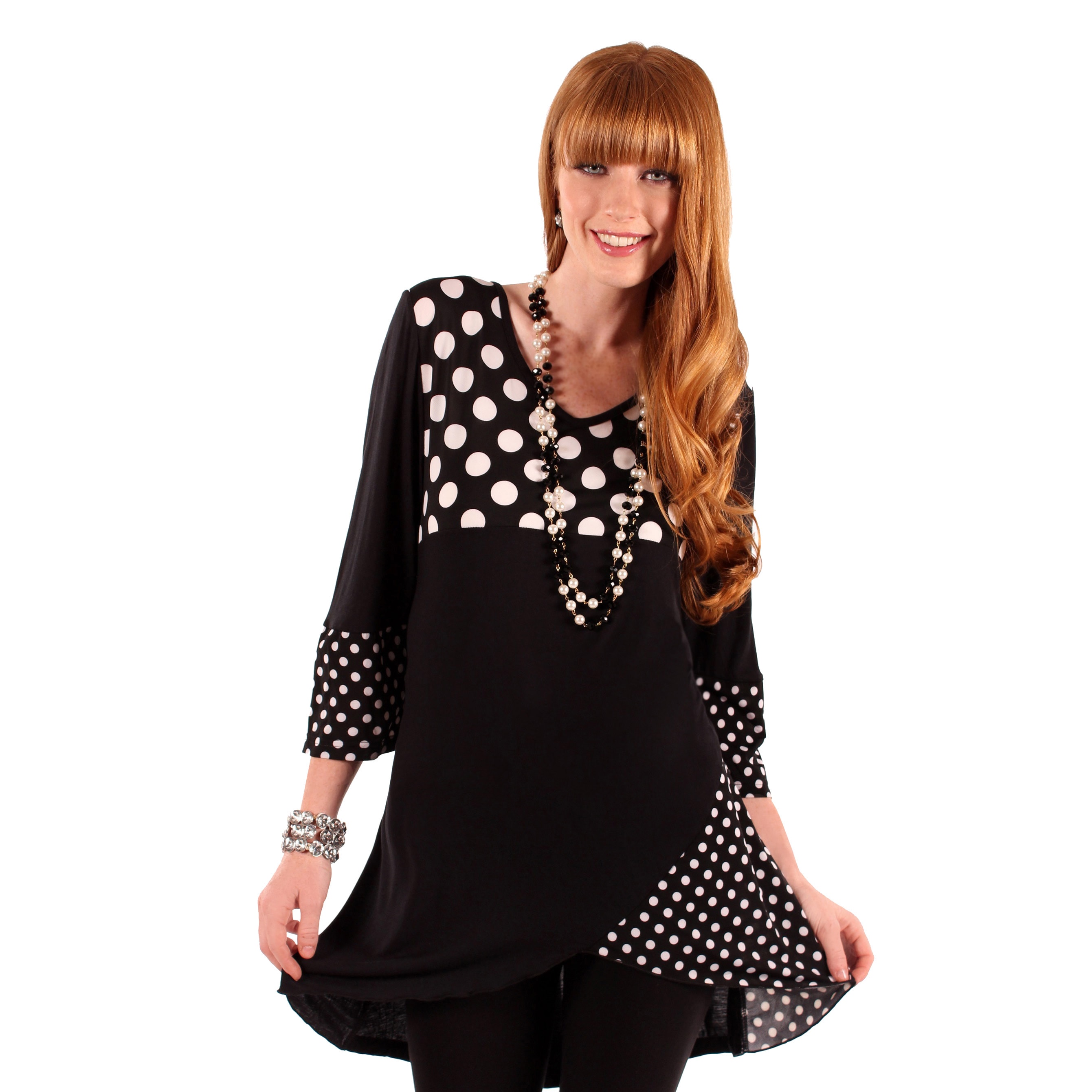 Firmiana Womens Black/White Polka Dot Spliced Top  