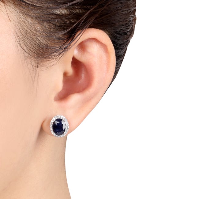 Miadora 14k White Gold Oval-cut Sapphire and 2/5ct TDW Diamond Halo Stud Earrings (G-H, I1-I2)