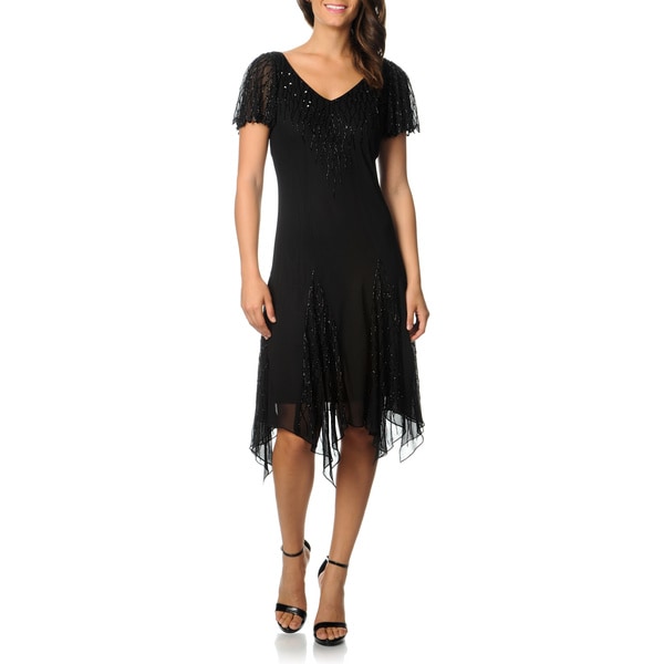 Laxmi Womens Black Flutter Sleeve Beaded Cocktail Dress   15754751