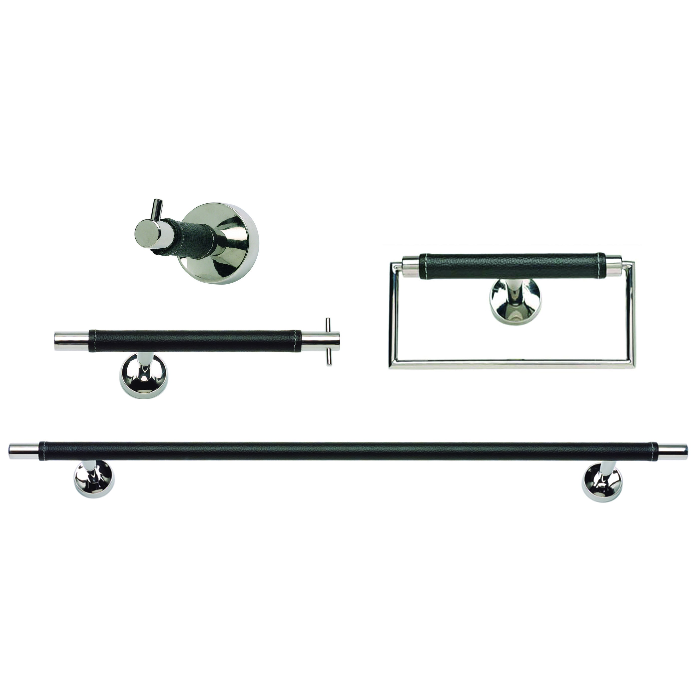 Chrome And Black Leather 4 piece Bathroom Accessory Set