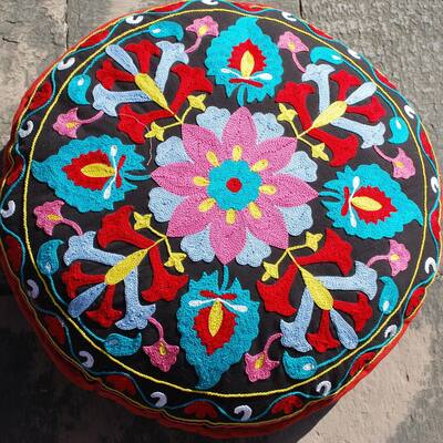 Flower Design Round Floor Pillow (India)