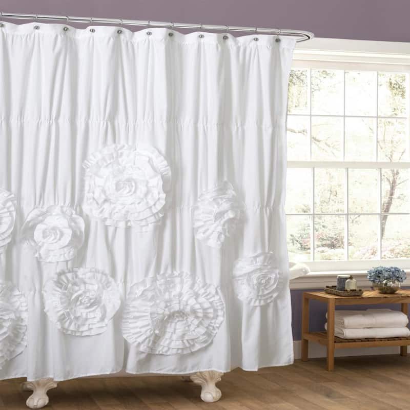 Silver Orchid Bara Ruffle Flower Trim Shower Curtain - White