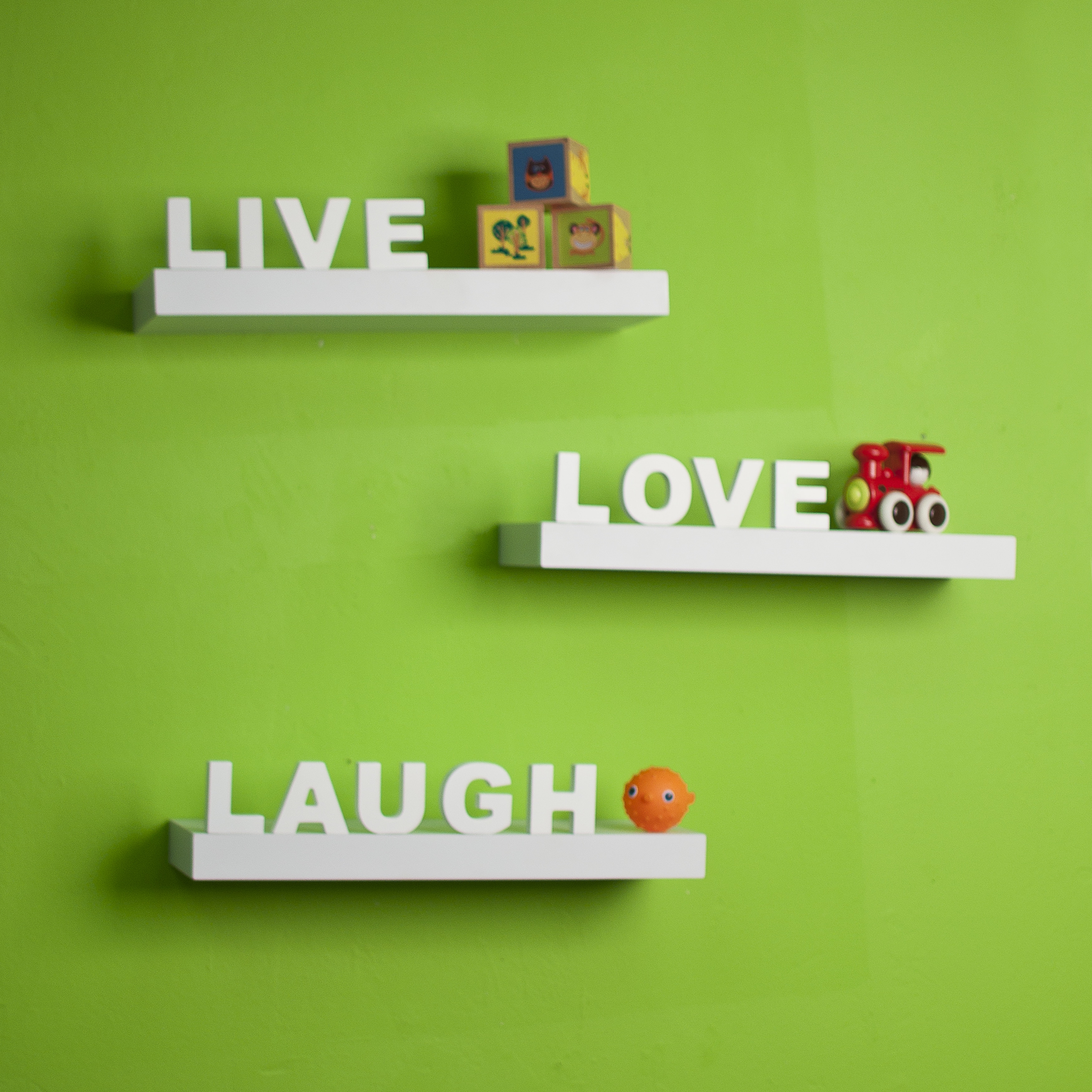 White Laminate Live, Love, Laugh Inspirational Wall Shelves (set Of 3)