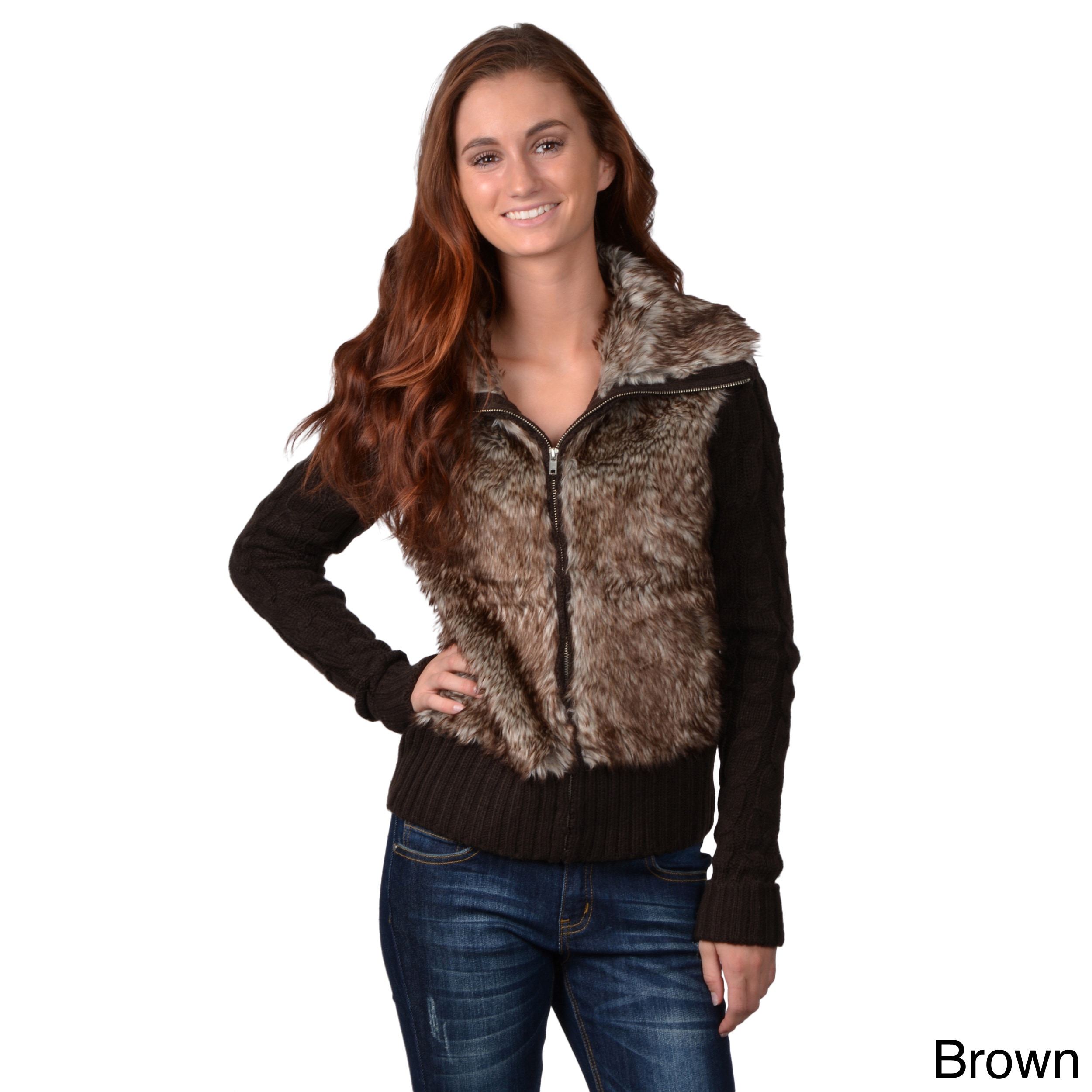Journee Collection Journee Collection Juniors Faux Fur Zip up Sweater Brown Size S (1  3)