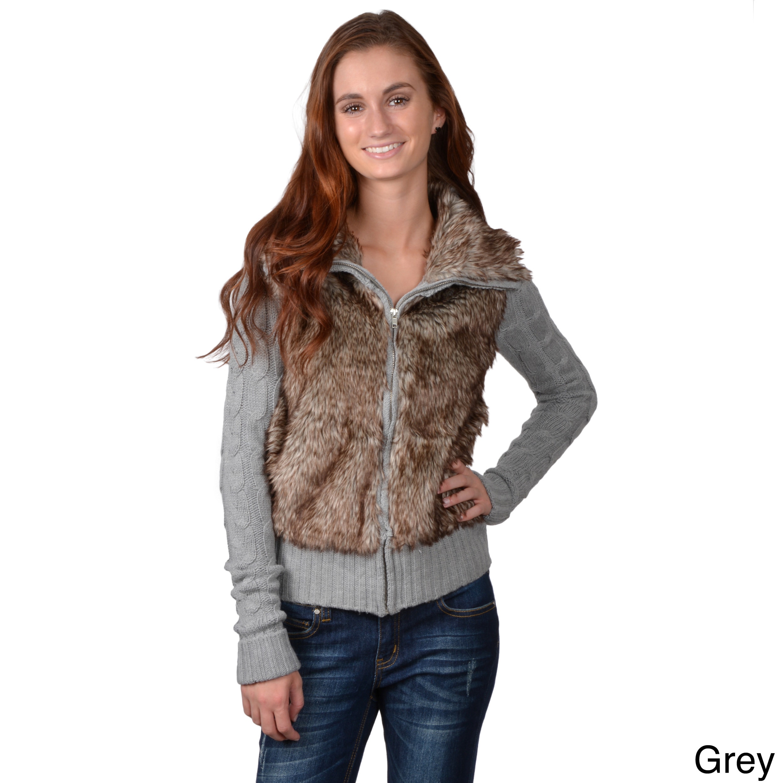 Journee Collection Journee Collection Juniors Faux Fur Zip up Sweater Grey Size S (1  3)