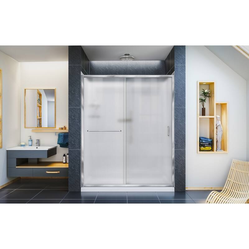 DreamLine Infinity-Z 30 in. D x 60 in. W x 76 3/4 in. H Sliding Shower Door, Shower Base and Backwall Kit, Frosted Glass - Center - Chrome Finish