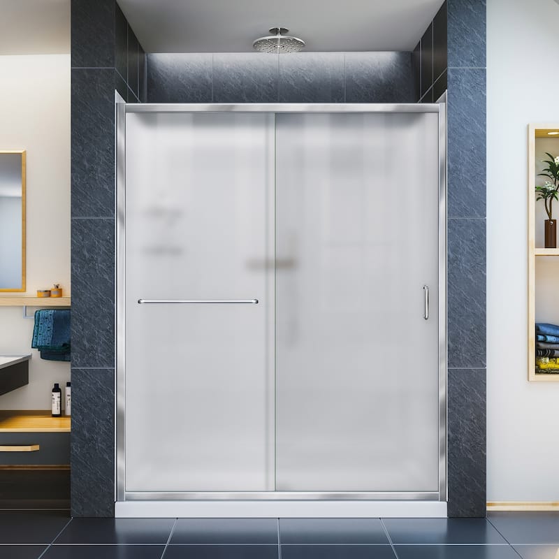 DreamLine Infinity-Z 30 in. D x 60 in. W x 76 3/4 in. H Sliding Shower Door, Shower Base and Backwall Kit, Frosted Glass