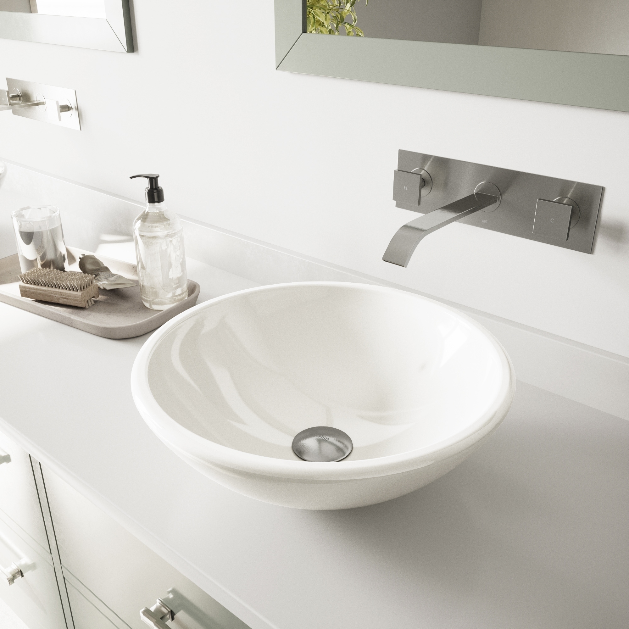 Vigo White Phoenix Stone Glass Vessel Sink With Brushed Nickel Wall Mount Faucet