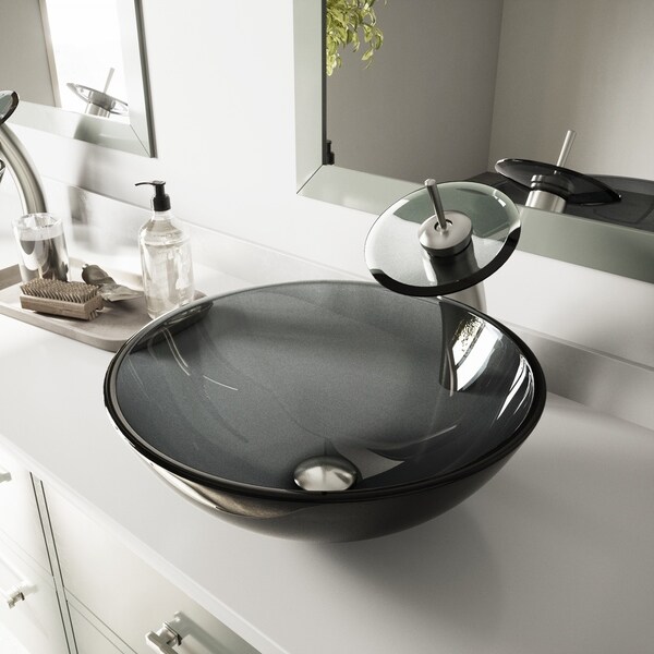 VIGO Sheer Black Glass Vessel Bathroom Sink and Waterfall Faucet Set