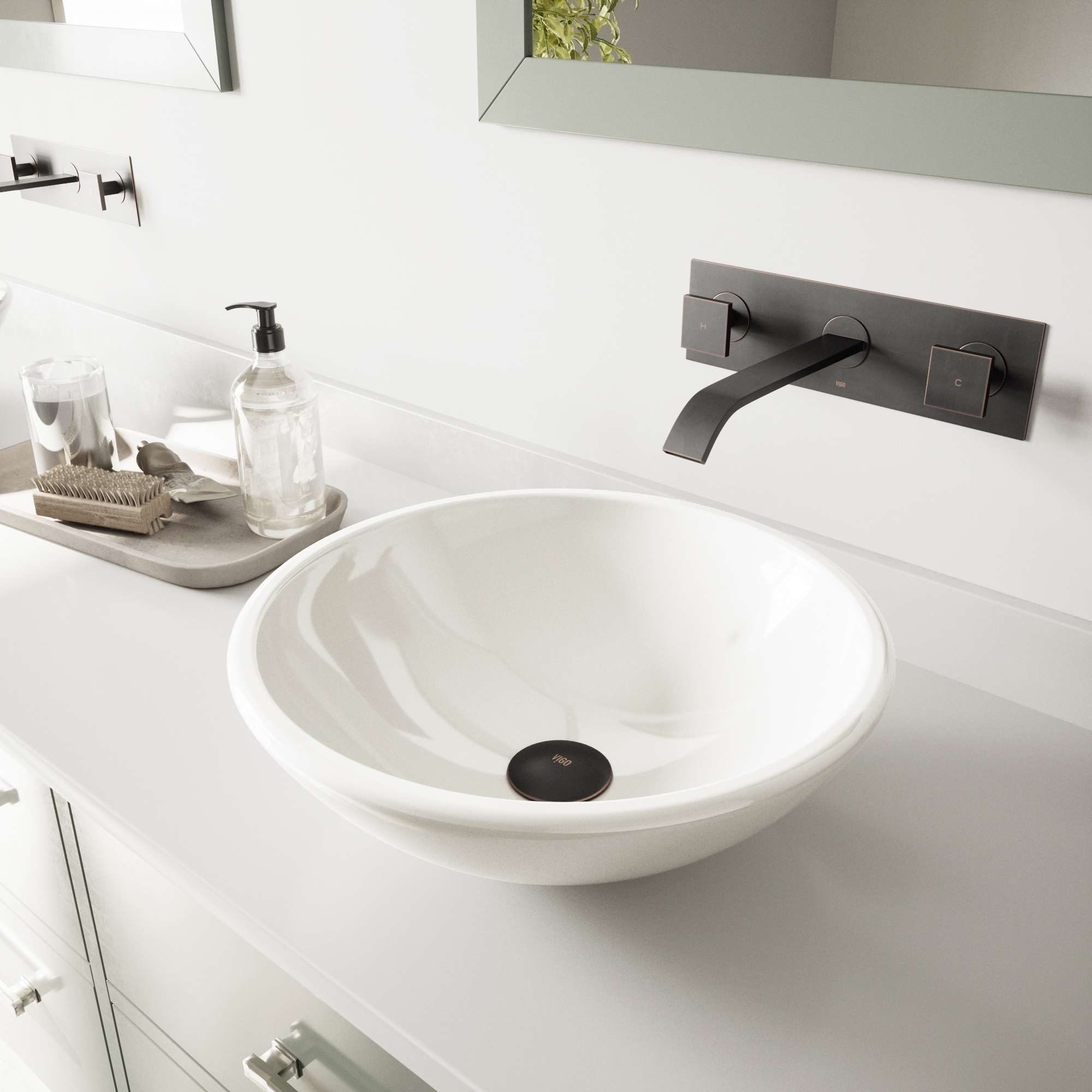 Vigo White Phoenix Stone Glass Vessel Sink With Antique Rubbed Bronze Wall Mount Faucet