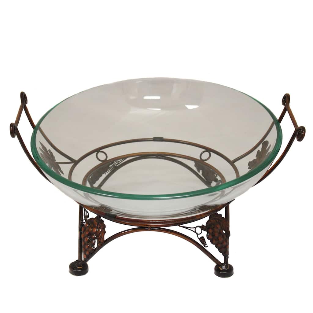 Casa Cortes Large Glass Atelier Bowl Center Piece with Metal Grape Leaves Stand