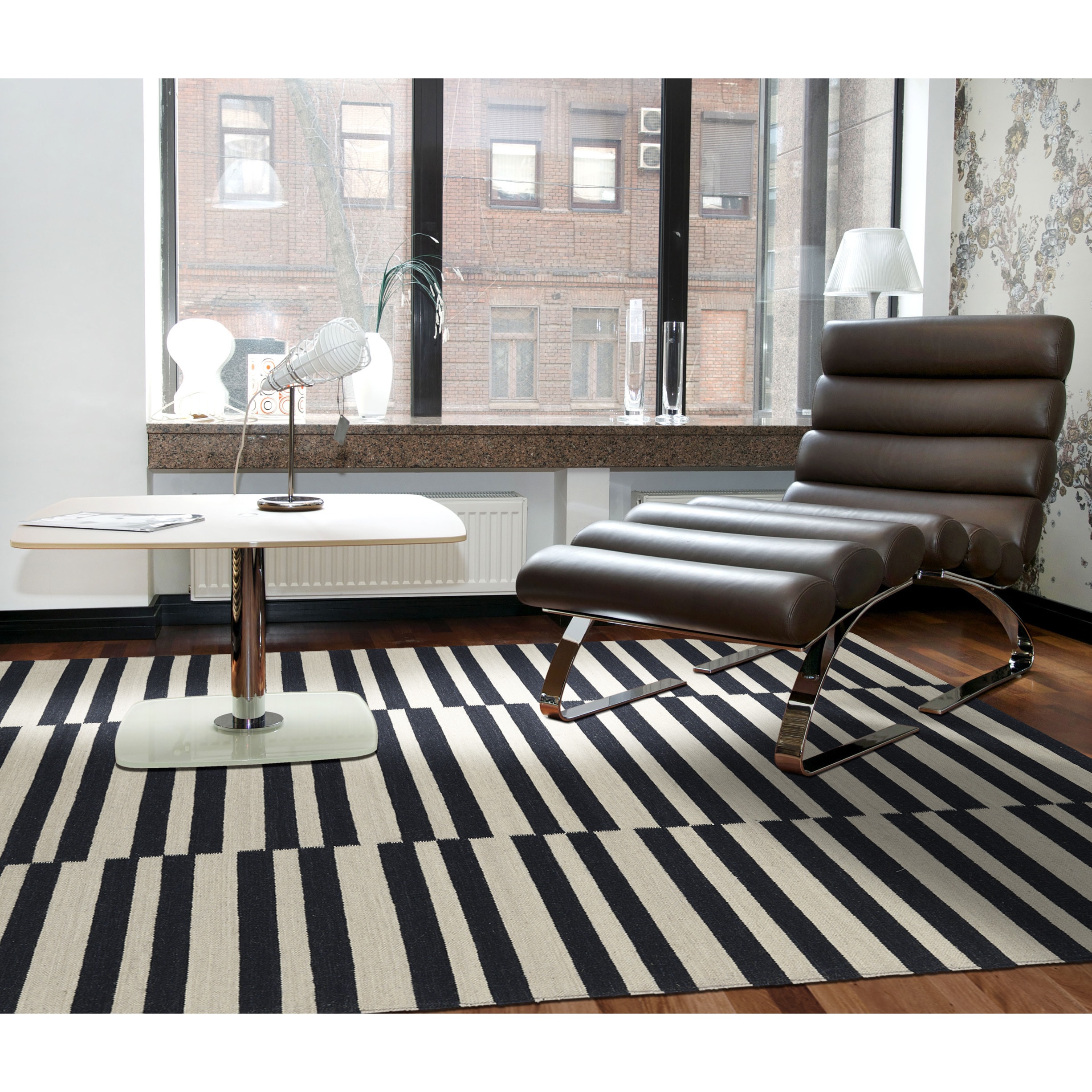 Flatweave Tribeca Black Stripes Wool Rug (36 X 56)