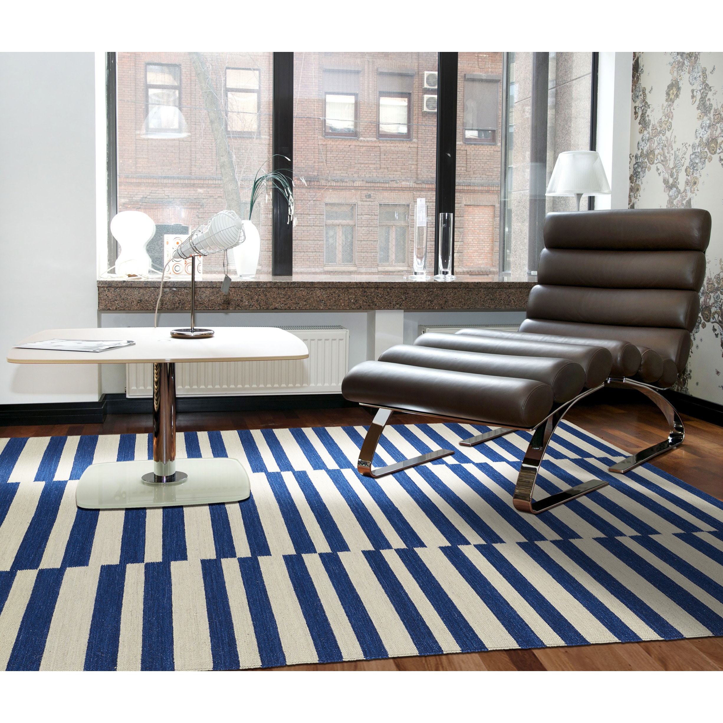 Flatweave Tribeca Blue Stripes Wool Rug (9 X 12)