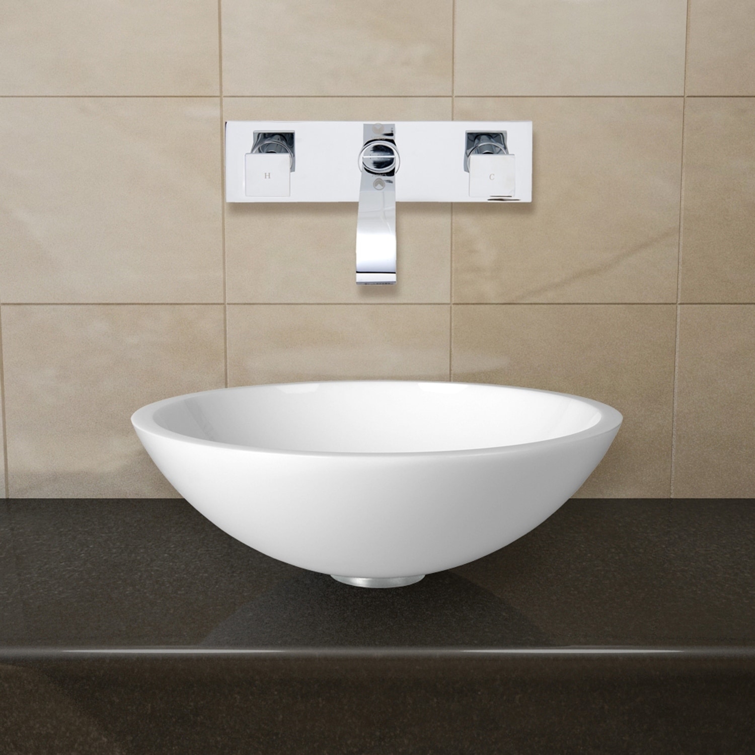 Vigo Flat Edged White Phoenix Stone Glass Vessel Sink With Chrome Wall Mount Faucet