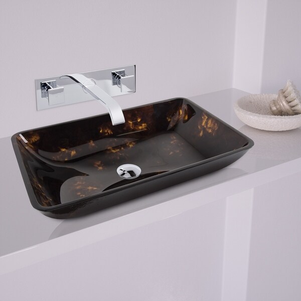 VIGO Brown and Gold Glass Vessel Sink Set and Titus Wall Mount Faucet