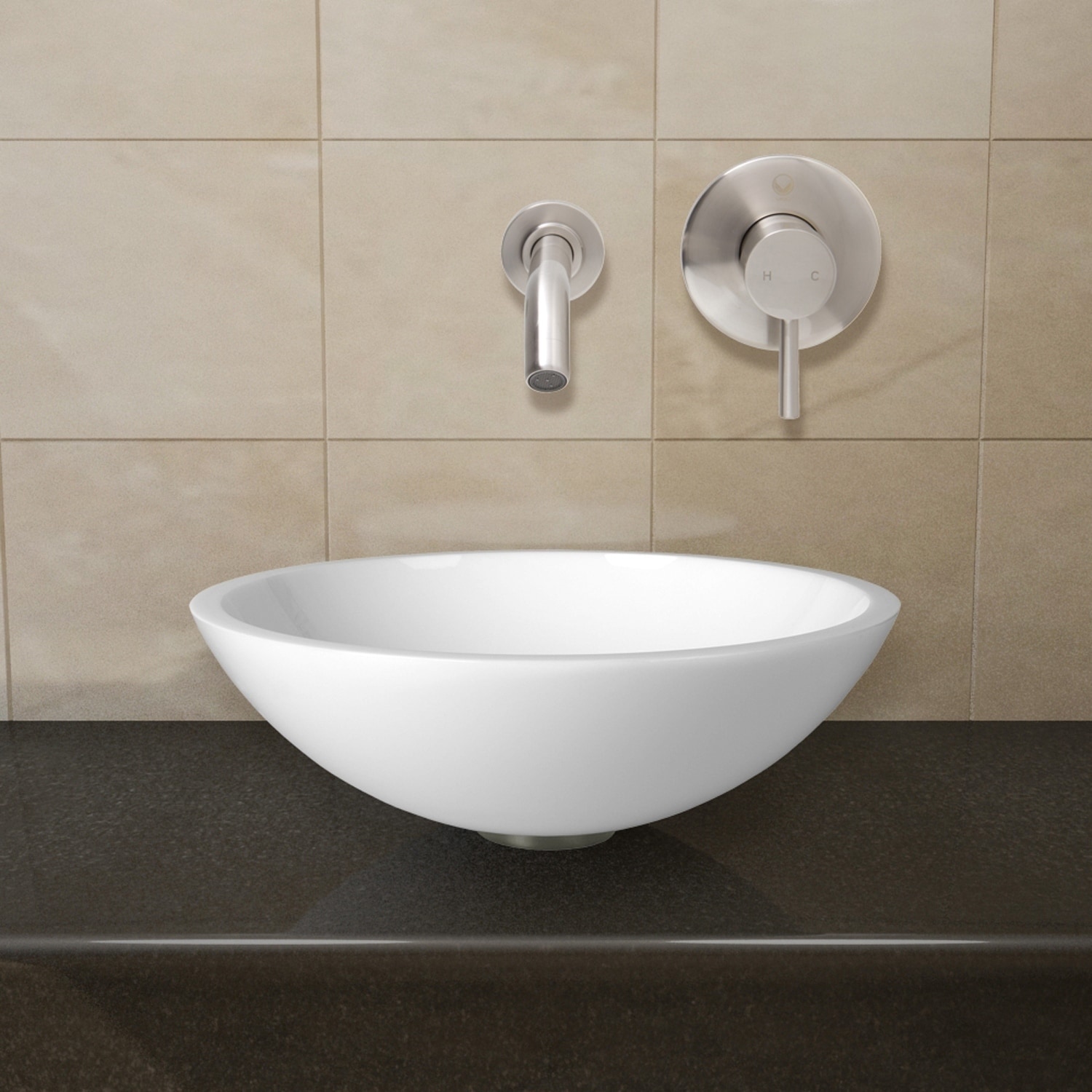 Vigo Flat Edged White Phoenix Stone Glass Vessel Sink With Brushed Nickel Wall Mount Faucet