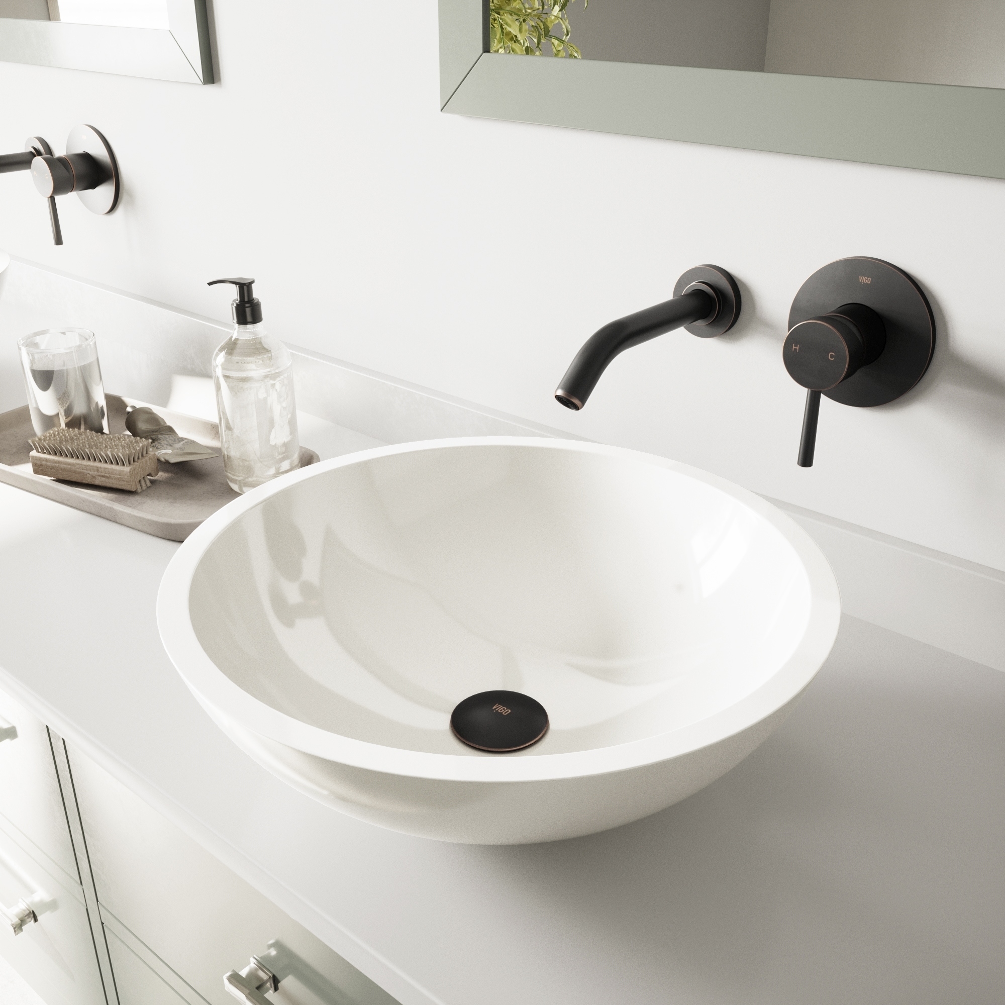 Vigo Flat Edged White Phoenix Stone Glass Vessel Sink With Antique Rubbed Bronze Wall Mount Faucet