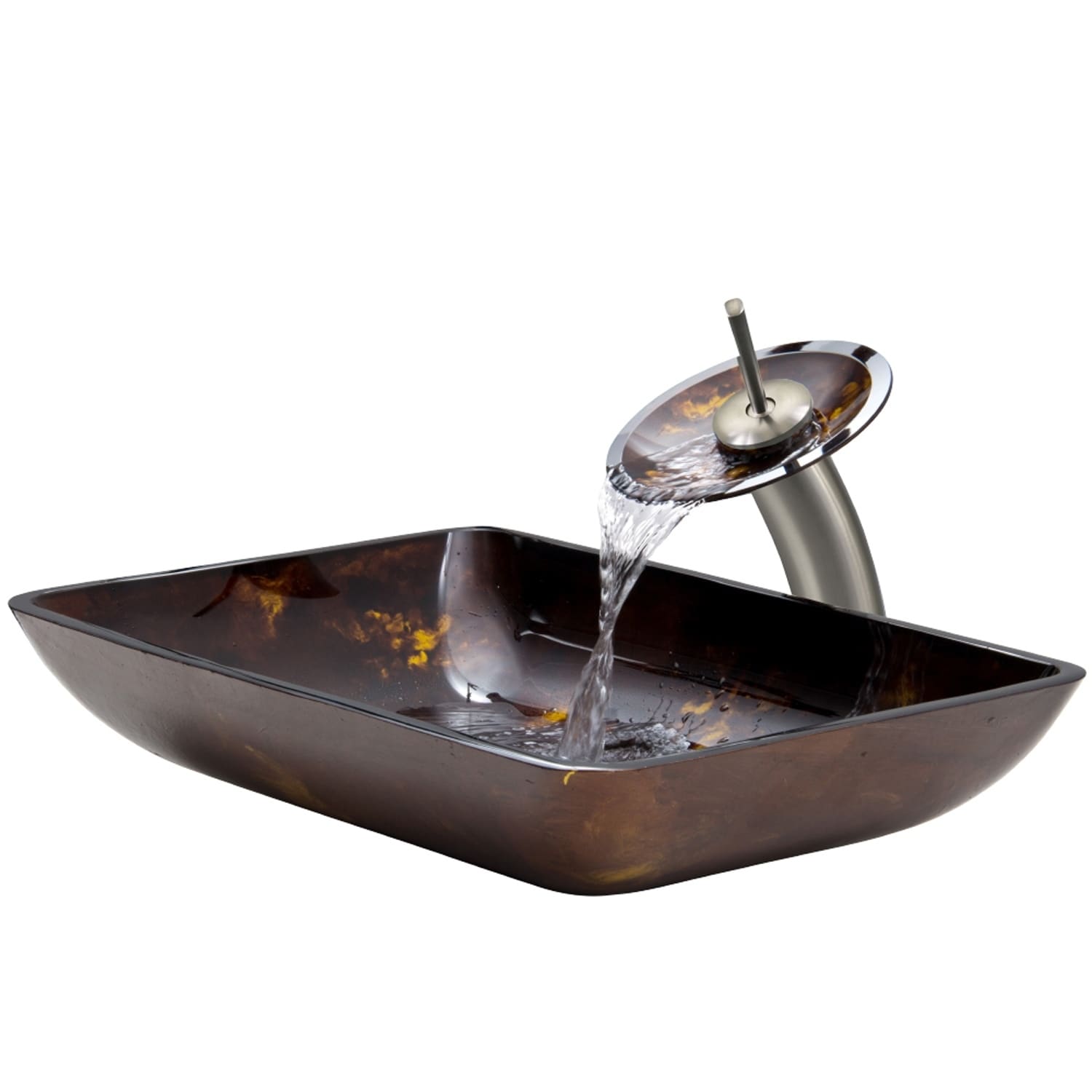 Vigo Rectangular Brown And Gold Fusion Glass Vessel Sink And Waterfall Faucet Set In Brushed Nickel