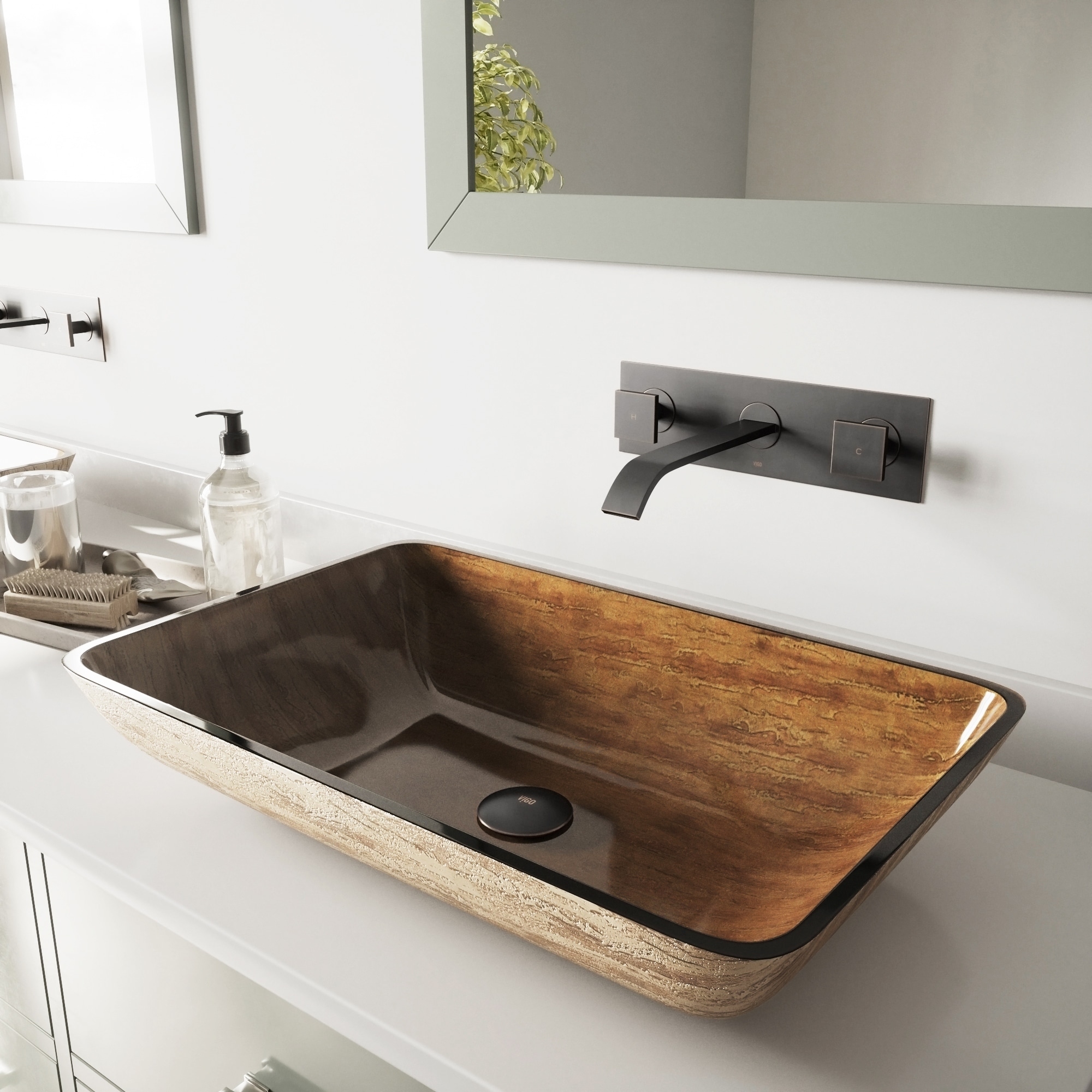 Vigo Rectangular Amber Sunset Glass Vessel Sink And Wall Mount Faucet In Antique Rubbed Bronze