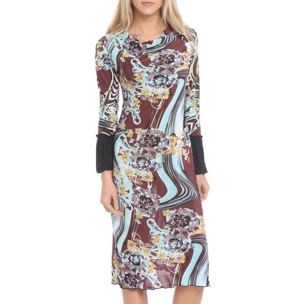 Women's Brown Multi print Cowl Neck Dress Casual Dresses