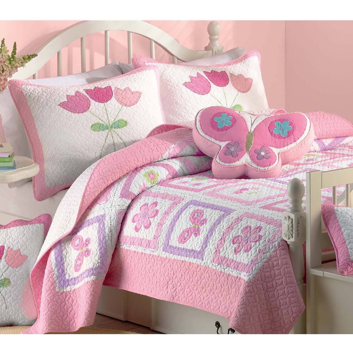 Butterfly Flower 2 piece Twin size Quilt Set (Pink/green/whiteCover materials 100 percent cottonFill materials 100 percent cottonBacking materials 100 percent cottonCare instructions Machine washableTwin DimensionsQuilt 68 inches wide x 86 inches lon