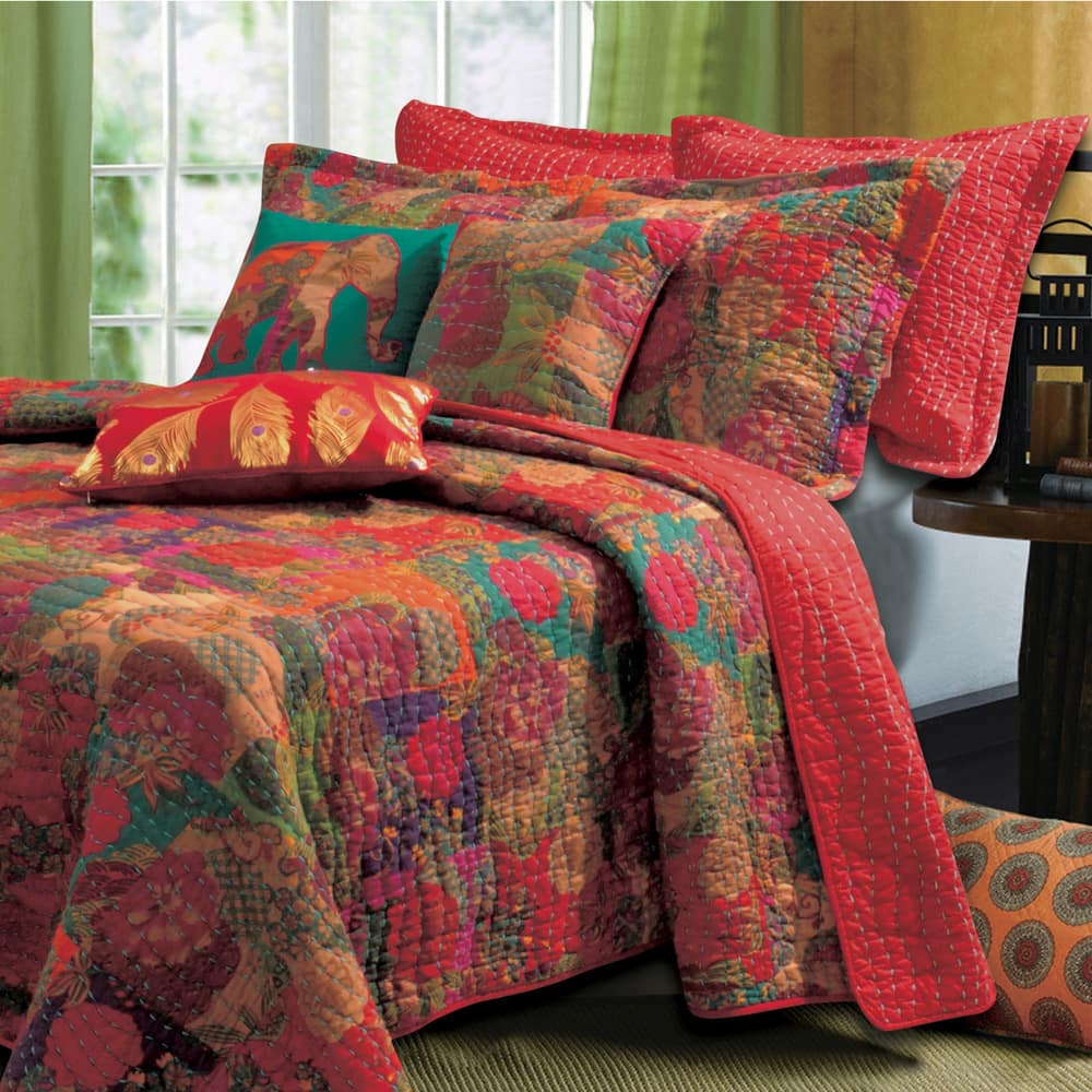 Greenland Home Fashions Jewel 100% Cotton Kantha-Style Floral Fusion Quilt Set with Decorative Pillows