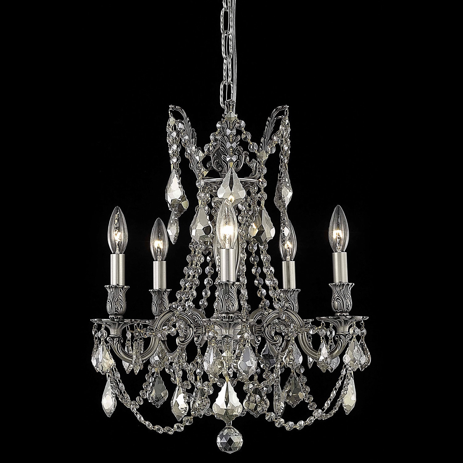 Christopher Knight Home Meilen 5 light Royal Cut Gold Crystal And Pewter Chandelier (Crystal and aluminumFinish PewterNumber of lights Five (5)Requires 60 watt max bulb (not included)Bulb type E12, 110V 125VIncludes 5 feet of chain/wireDimensions 18
