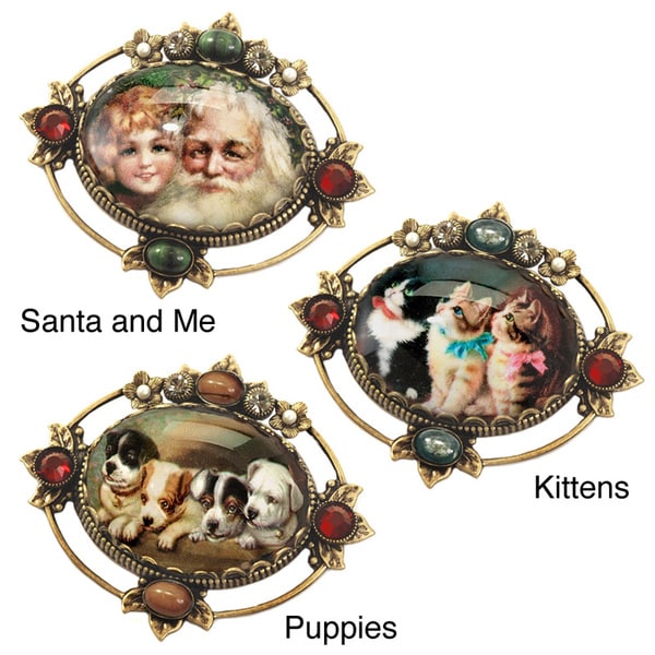 Sweet Romance Vintage Santa, Kittens Puppies Holiday Christmas Pins Brooches