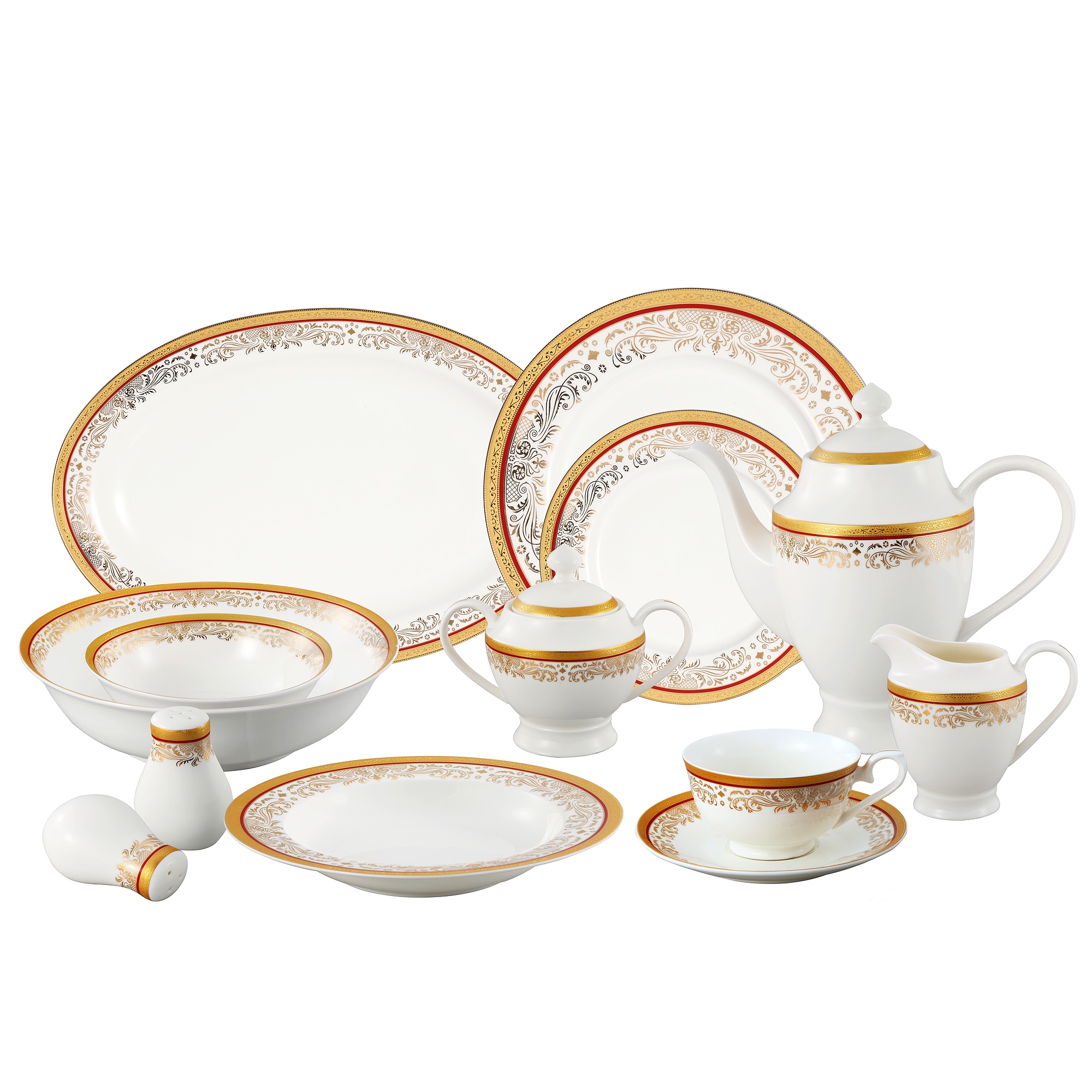 La Luna Collection Bone China 57 Piece Red And 24k Gold Design Dinnerware Set, Service For 8 By Lorren Home Trends.