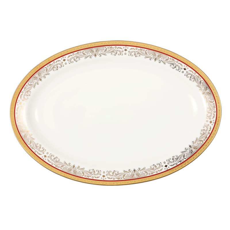 La Luna Collection Bone China 57 Piece Red and 24K Gold Design Dinnerware Set, Service for 8 by Lorren Home Trends.