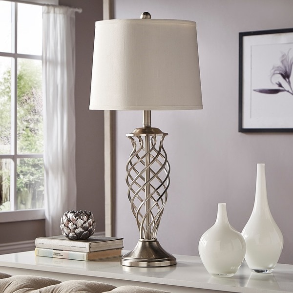 Cornelia 3-way Satin Nickel Contoured Cage Base 1-light Accent Table Lamp by iNSPIRE Q Bold