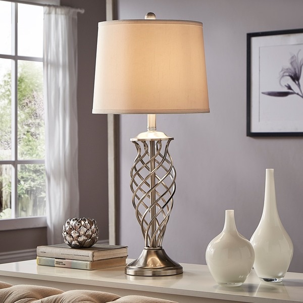 Cornelia 3-way Satin Nickel Contoured Cage Base 1-light Accent Table Lamp by iNSPIRE Q Bold