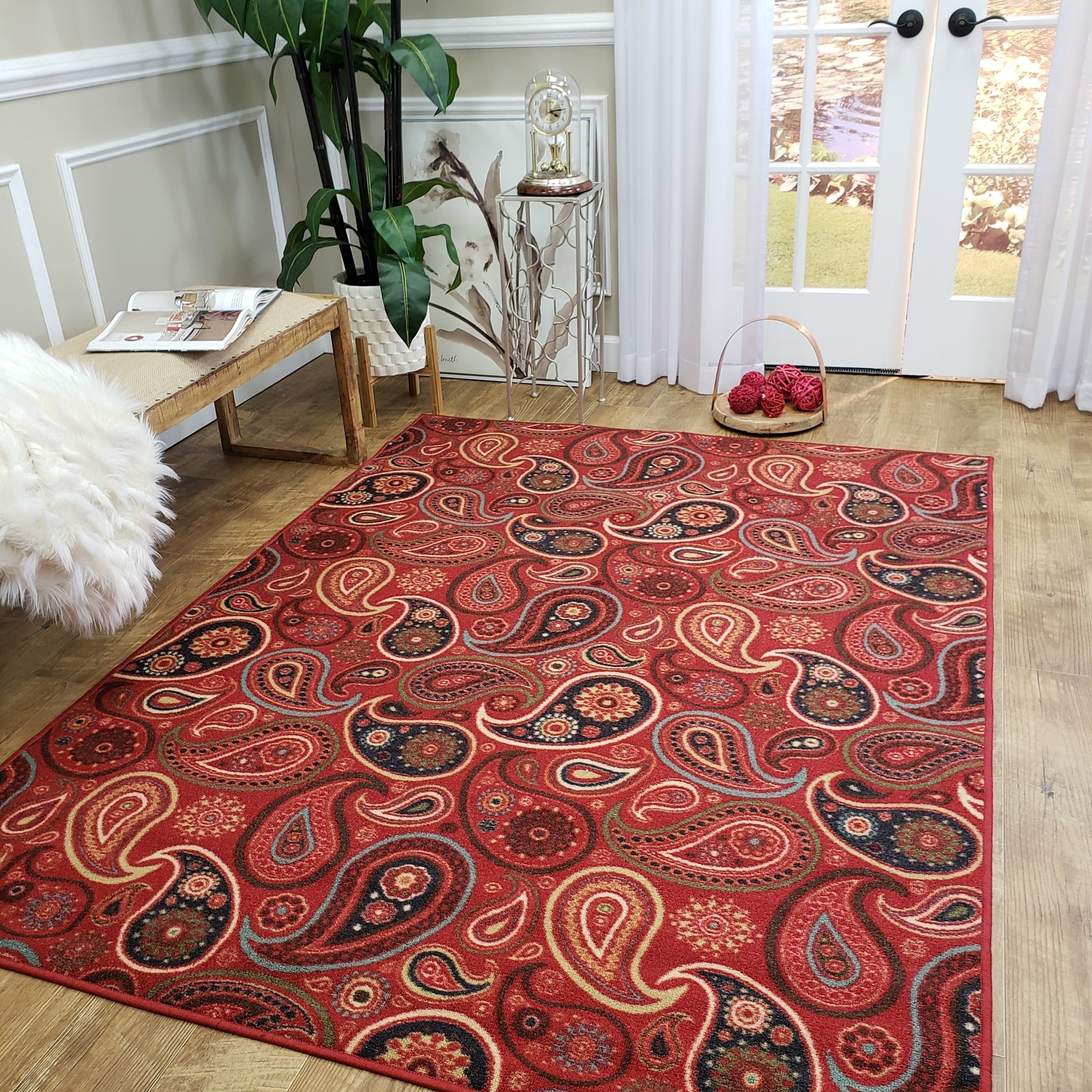 Rubber Back Red Paisley Floral Non skid Area Rug (5 X 66)